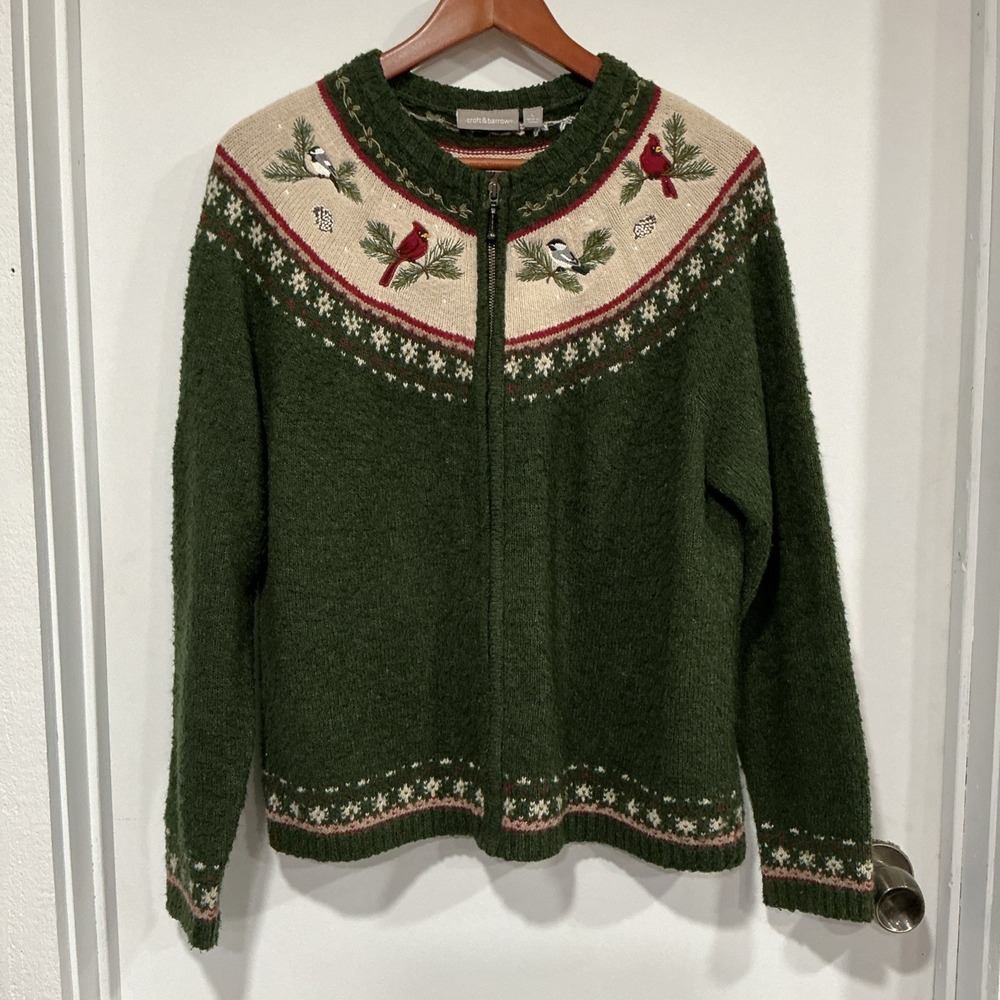 Womens Croft & Barrow Silk Wool Blend Green Cardigan Sweater, Cardinals Birds, L
